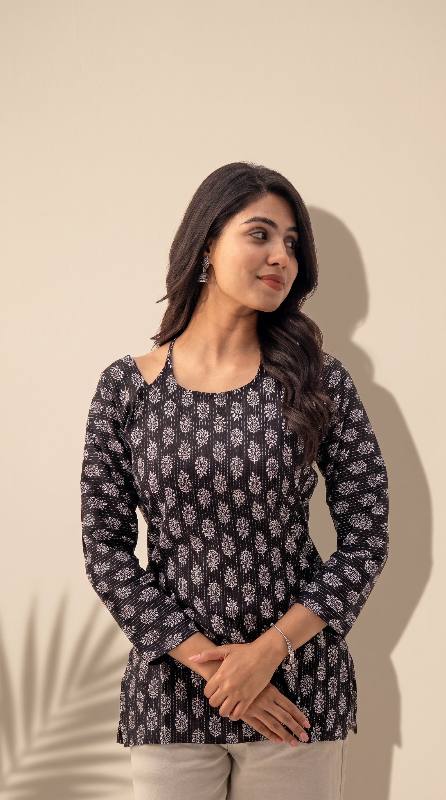 Women's Pure Cotton Ethnic Print Cold Shoulder Top