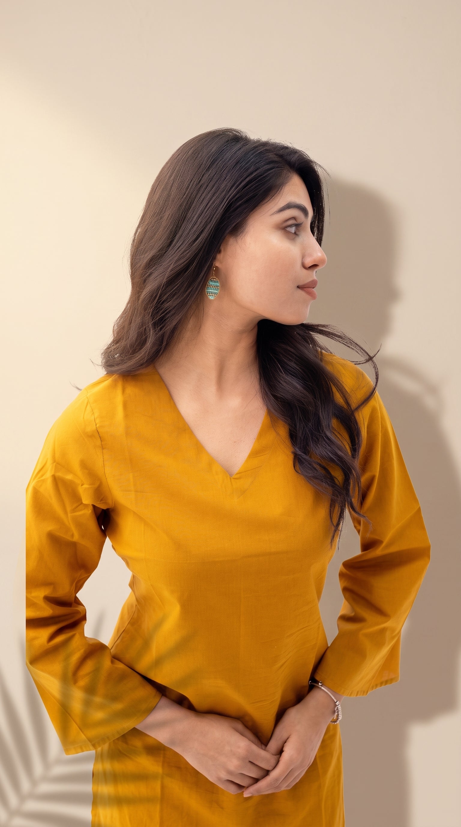 Women's Solid Mustard Cotton Top | Bell Sleeves