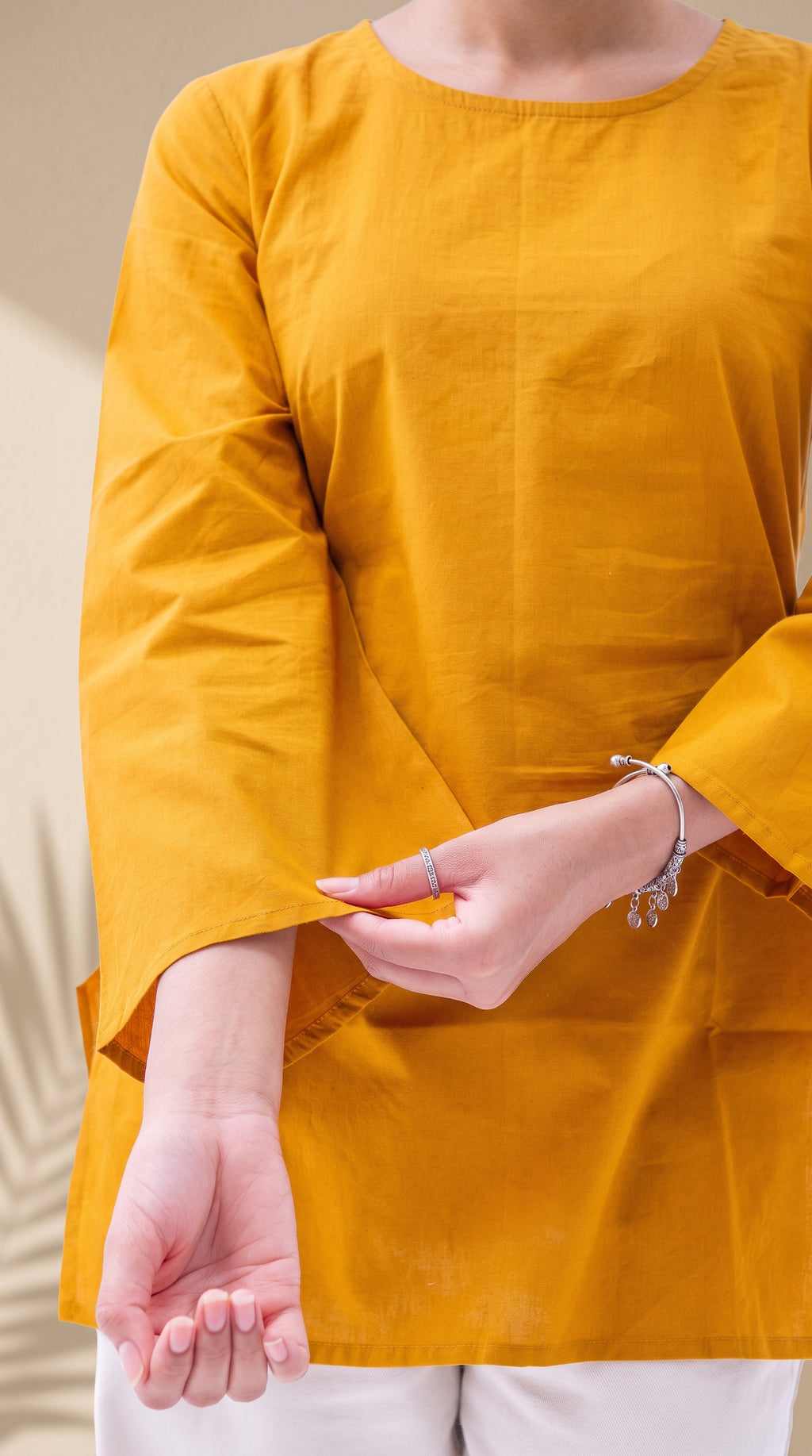 Women's Solid Mustard Cotton Top | Bell Sleeves